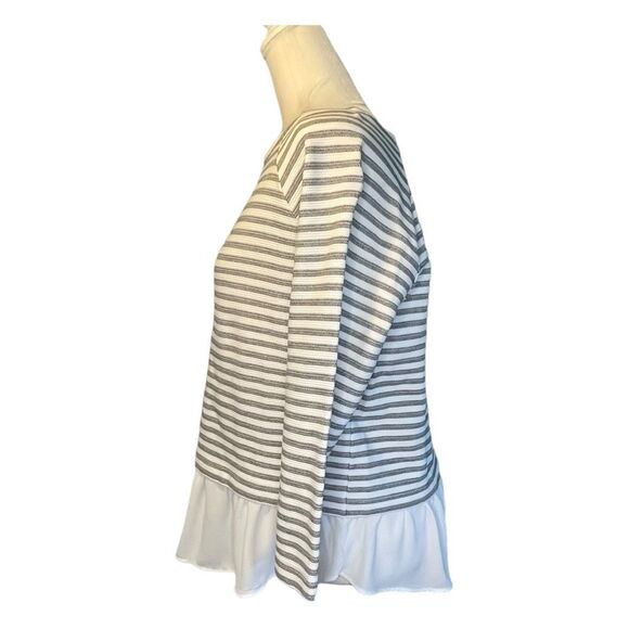 Loft Shirt Tail Hem Striped Top Black White Knit Ruffle 3/4 Sleeves Crewneck S - Picture 4 of 8